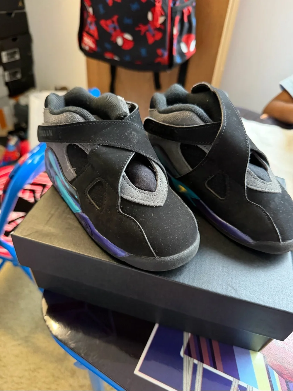 Jordan Kids Black Sneakers with Purple and Teal Accents
